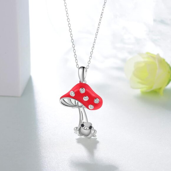 Women's Red Silver Simple Cute Frog Mushroom Charm Gift Pendant Necklace - Picture 2 of 5